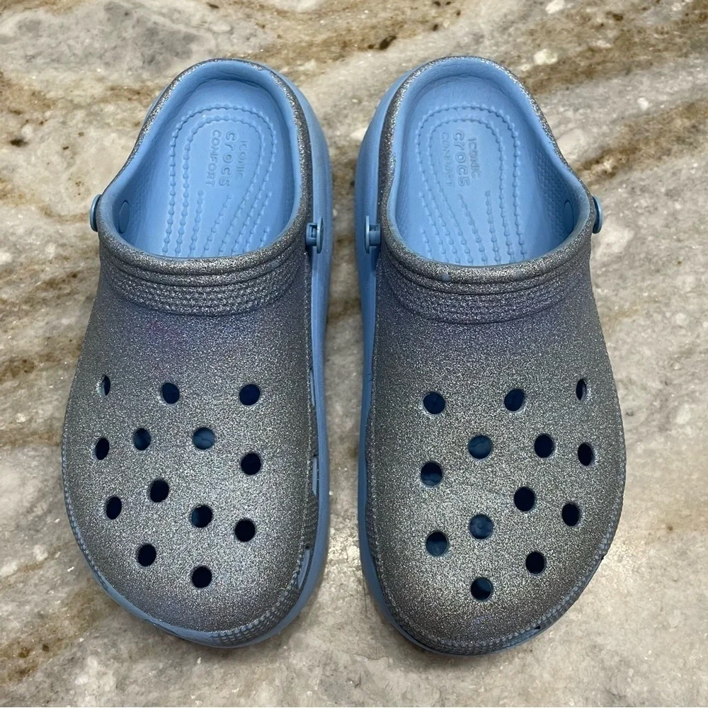 Crocs Kids' Cutie Crush Glitter Clog Shoes Girls Youth Size J3 blue ocean